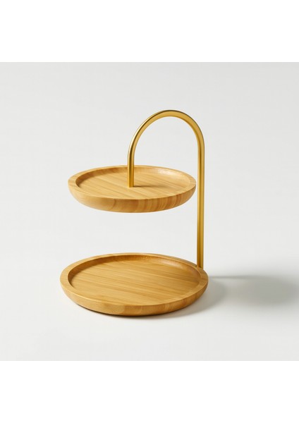 Bambu Çift Katlı Sunum Standı, Dekoratif Sunum Seti, Yuvarlak Altın Renk