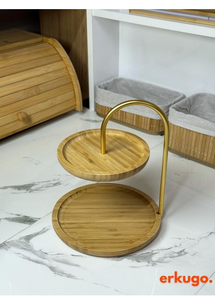 Bambu Çift Katlı Sunum Standı, Dekoratif Sunum Seti, Yuvarlak Altın Renk modelleri