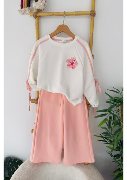 Hibiskus Çiçek Işlemeli Fiyonk Detaylı Kız çocuk takım - Pembe