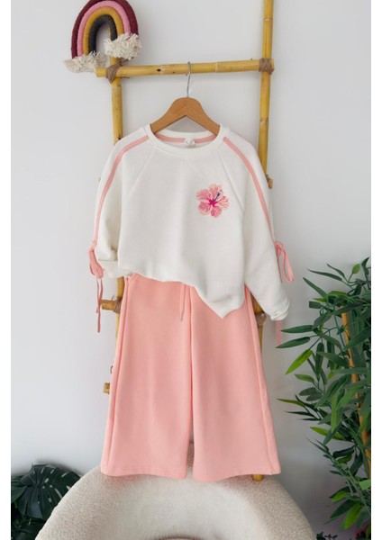Hibiskus Çiçek Işlemeli Fiyonk Detaylı Kız çocuk takım - Pembe modelleri