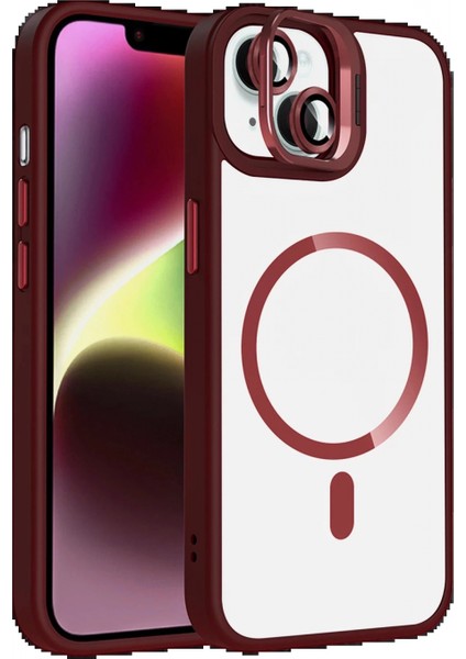 Apple iPhone 15 Plus Remim Lensli Magsafe Standlı Kapak - Bordo