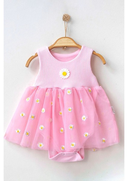 Papatya Nakışlı Tüllü Çıtçıtlı Zıbın Elbise (%100 Pamuk)