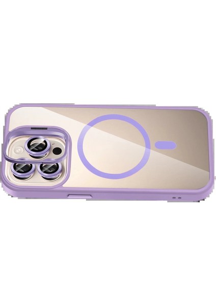 Apple iPhone 14 Pro Max Remim Lensli Magsafe Standlı Kapak - Lila fırsatları