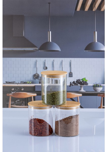 Şık 3'lü 600 ml Bambu Kapaklı Yuvarlak Baharatlık Seti