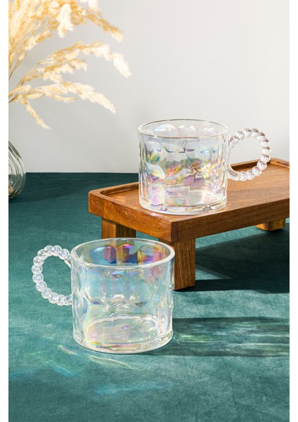 Beyaz Cam Kupa, Sedef Boncuk Detaylı, Set 2'li, Şık ve Zarif Tasarım