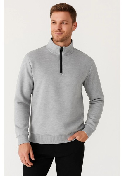 Erkek Dik Yaka Sweatshirt Dik Yaka Yarım Fermuarlı 3 Iplik Şardonlu Pamuk Kumaş - Gri modelleri