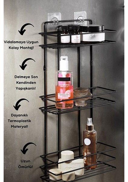 Ömür Boyu Paslanmaz Duvara Yapışkanlı 3 Katlı Banyo Düz Şampuanlık Düzenleyici Siyah TŞ-03 fiyatları