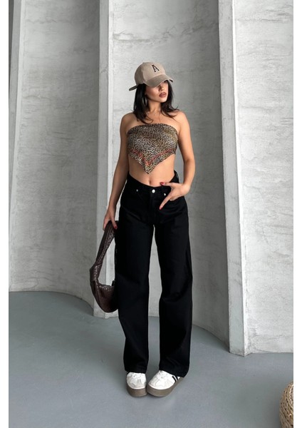 Palazzo Straight Enzim Süper Taş Yıkama Jeans Pantolon Siyah D2008