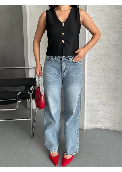Palazzo Straight Kar Yıkama Jeans Pantolon Mavi D2008