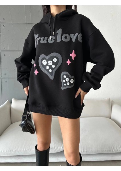 3 Iplik Şardonlu Oversize True Baskılı Sweat Siyah