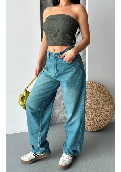 Baggy Taş Enzim Bıyık Yıkama Jeans Pantolon Yeşil Tint D2007