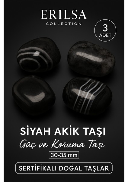 Sertifikalı Siyah Akik Taşı Kütle – Güç ve Koruma Taşı (3 Adet) 30-35 mm