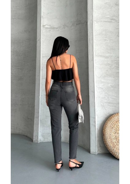 Mom Fit Enzim Taş Yıkama Jeans Pantolon Füme D2006 fırsatları