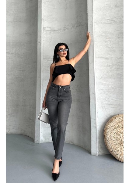 Mom Fit Enzim Taş Yıkama Jeans Pantolon Füme D2006 indirimleri