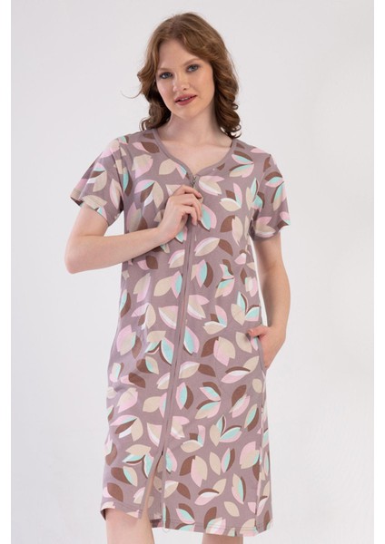 Kadın Pudra Renk Kısa Kollu Fermuarlı V Yaka Cepli Rahat Kesim Ev Elbisesi C2T3N1904