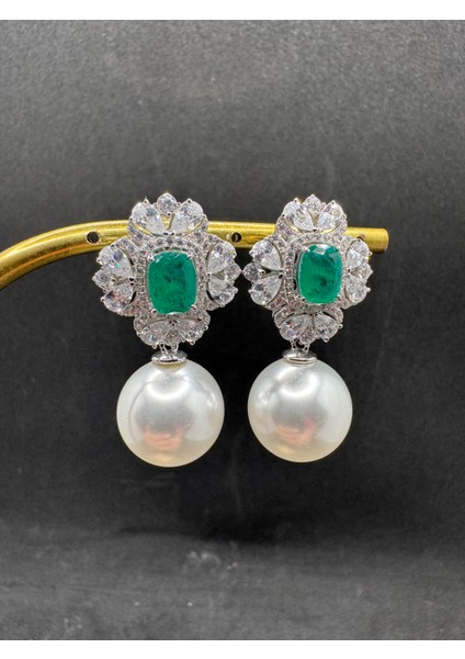 Yeşil Taşlı Top Inci Gümüş Küpe(Incisi Çıkarılabilir)