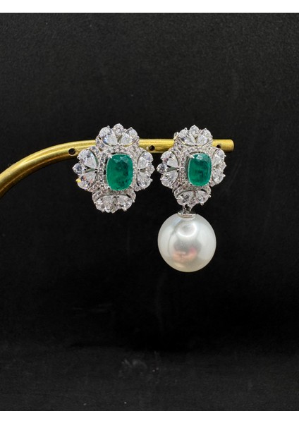 Yeşil Taşlı Top Inci Gümüş Küpe(Incisi Çıkarılabilir) modelleri