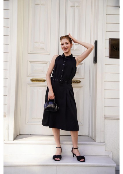 Gömlek Yaka Kemerli Elbise Siyah S255061