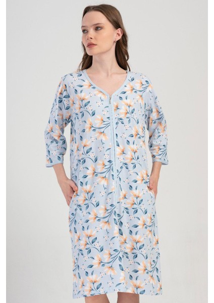 Kadın Büyük Beden Mavi Renk V Yaka Kapri Kol Fermuarlı Cepli Rahat Ev Elbisesi C3T9N1904