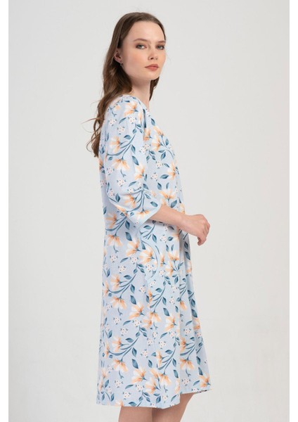 Kadın Büyük Beden Mavi Renk V Yaka Kapri Kol Fermuarlı Cepli Rahat Ev Elbisesi C3T9N1904 fiyatları