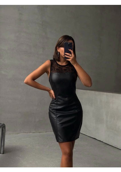 Üstü Dantelli Straplez Deri Elbise Siyah W24421 fiyatları