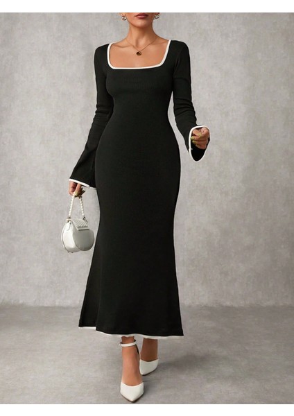 Biyeli Uzun Elbise Siyah