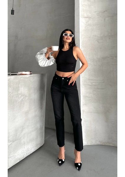 Mom Fit Enzim Bıyıklı Taş Yıkama Jeans Pantolon Siyah D2006
