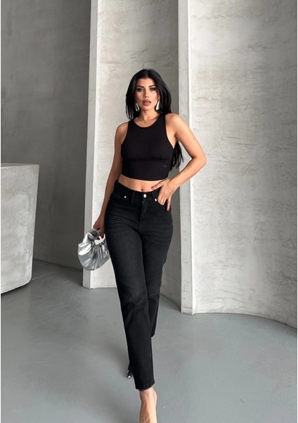 Mom Fit Enzim Bıyıklı Taş Yıkama Jeans Pantolon Siyah D2006 fiyatları