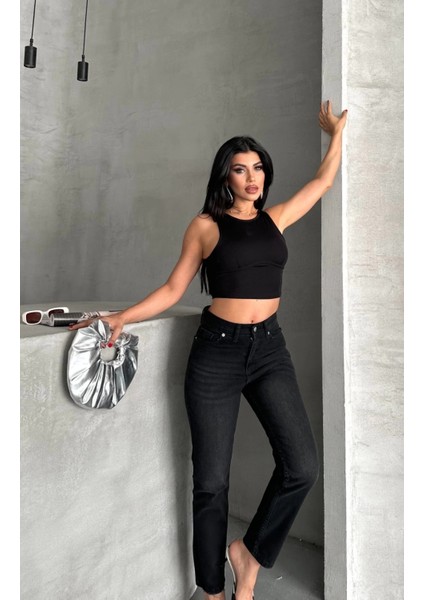 Mom Fit Enzim Bıyıklı Taş Yıkama Jeans Pantolon Siyah D2006 fırsatları