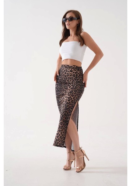 Uzun Yırtmaçlı Ince Kumaş Etek Leopar fırsatları
