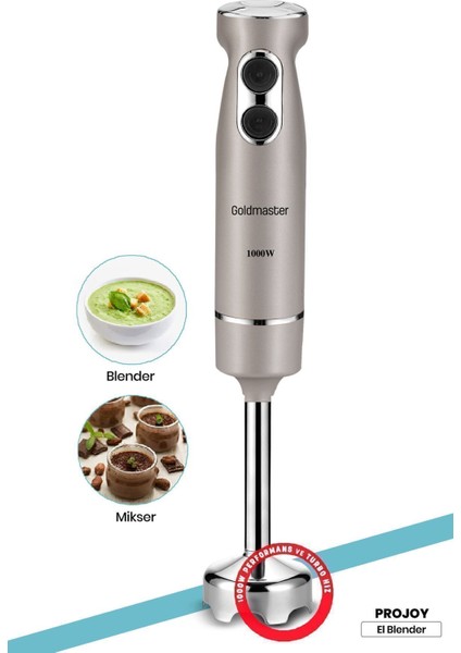 Paslanmaz Çelik 1000W El Blender, 4 Bıçak, Sessiz, 2 Kademeli, Gri