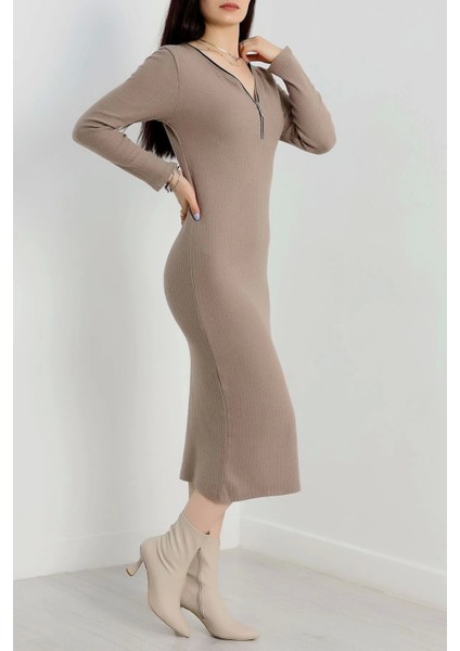 Fermuar Detaylı Fitilli Şardonlu Elbise Bej A3178 modelleri