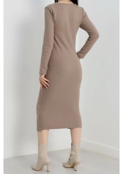 Fermuar Detaylı Fitilli Şardonlu Elbise Bej A3178