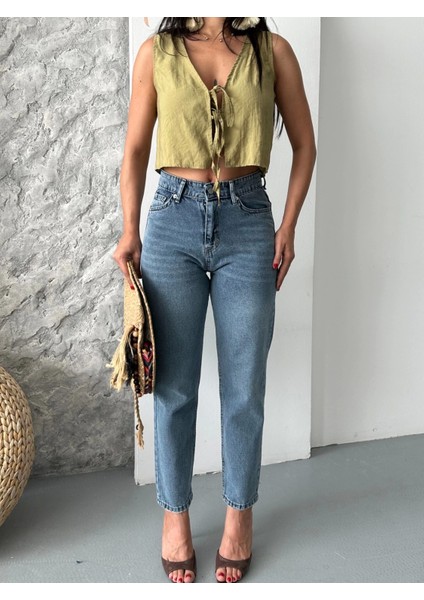 Mom Fit Bıyık Kar Yıkama Jeans Pantolon Koyu Mavi D2006 indirimleri