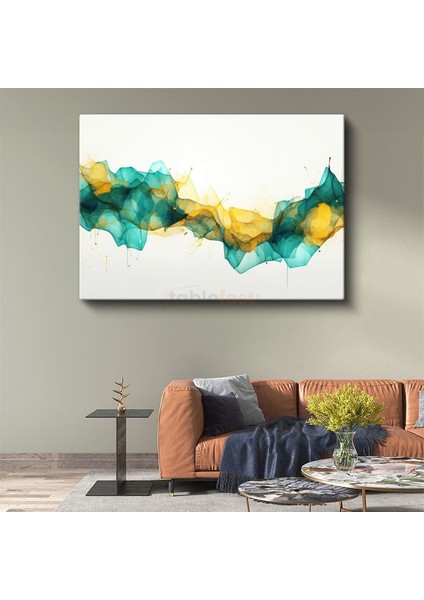 Akışkan Dalgalar - Turkuaz ve Amber Tonlarda Soyut Suluboya Kanvas Tablo