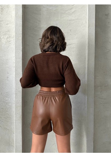 Beli Lastikli Çıtçıtlı Deri Şort Kahve W241007 indirimleri
