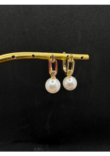 Tek Taşlı Gold Inci Gümüş Küpe