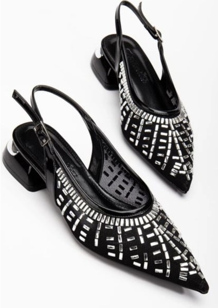 Piyar Siyah Taşlı Topuklu Ayakkabı