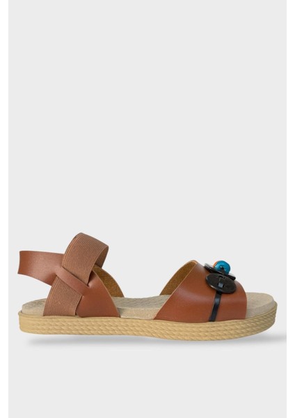 Lastikli Boncuk Detaylı Günlük Kadın Sandalet Taba - Siyah