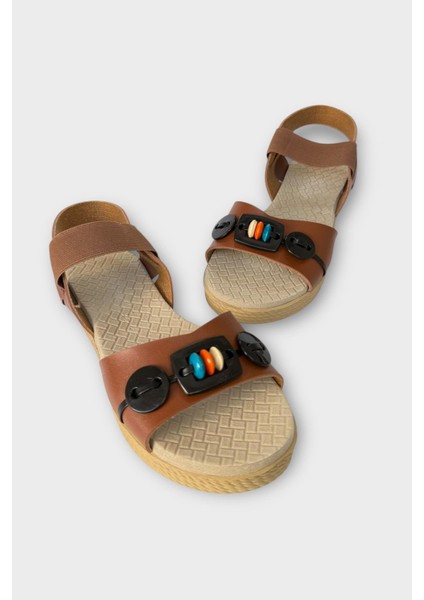 Lastikli Boncuk Detaylı Günlük Kadın Sandalet Taba - Siyah modelleri