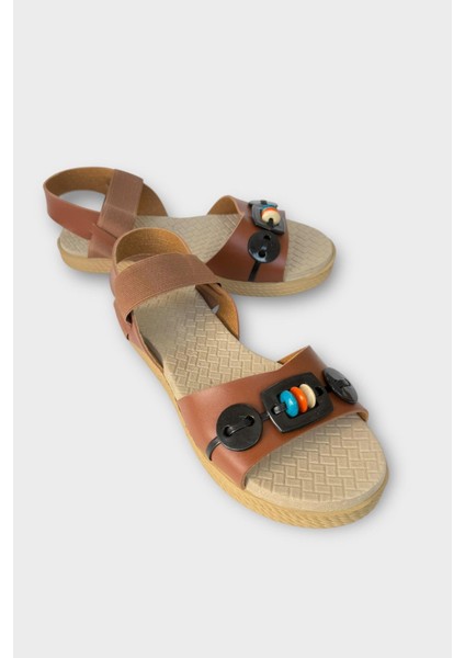 Lastikli Boncuk Detaylı Günlük Kadın Sandalet Taba - Siyah fırsatları