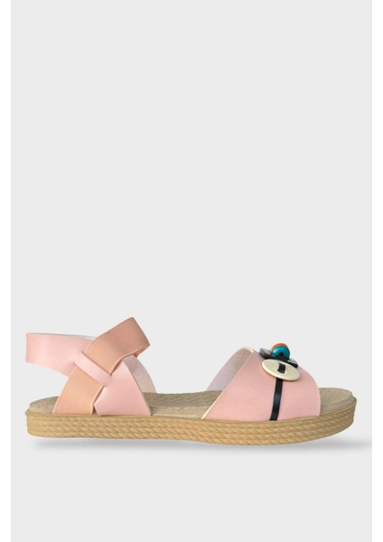 Lastikli Boncuk Detaylı Günlük Kadın Sandalet Pudra - Siyah