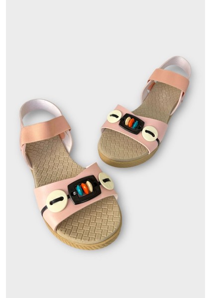 Lastikli Boncuk Detaylı Günlük Kadın Sandalet Pudra - Siyah modelleri