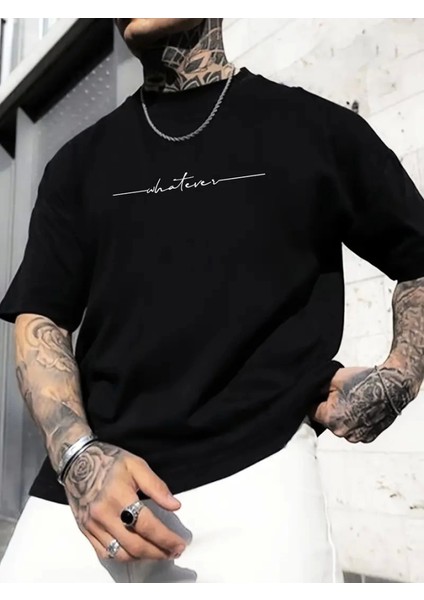 Baskılı Oversize Bisiklet Yaka T-Shirt - Siyah