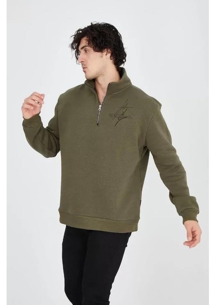 Erkek Yarım Fermuarlı Baskılı Sweat - Yeşil fırsatları