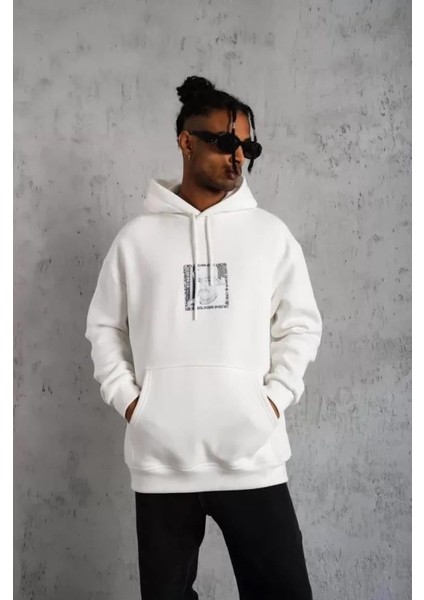 Erkek Ön Arka Baskılı Kapşonlu Sweat - Beyaz fiyatları