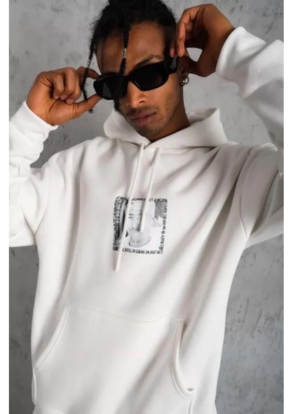 Erkek Ön Arka Baskılı Kapşonlu Sweat - Beyaz indirimleri