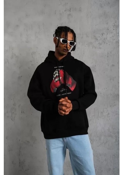Erkek Eldiven Baskılı Kapüşonlu Sweat - Siyah