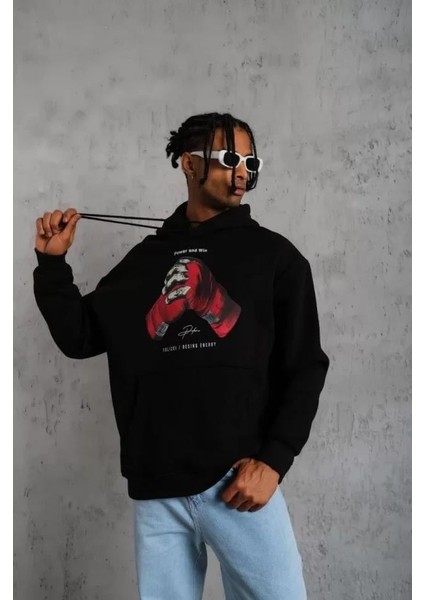 Erkek Eldiven Baskılı Kapüşonlu Sweat - Siyah modelleri