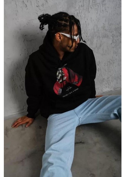 Erkek Eldiven Baskılı Kapüşonlu Sweat - Siyah indirimleri